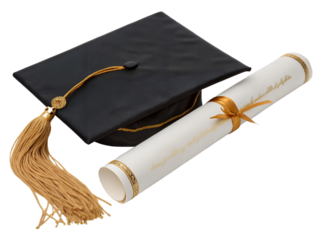Graduation Cap and Diploma with Yellow Ribbon Isolate on transparent background cutout, PNG file, Cutout file