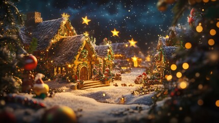 Obraz premium High-resolution Christmas scene in C4D style with twinkling stars, vivid decorations, cinematic light, and snow resting softly outside.