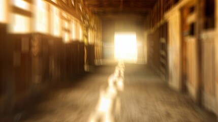 Fototapeta premium Blurred background of horse stable with wooden stalls and rustic interior