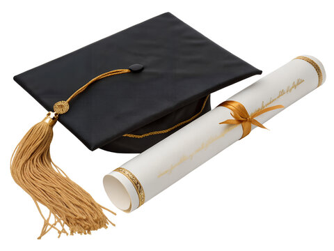 Graduation Cap and Diploma with Yellow Ribbon Isolate on transparent background cutout, PNG file, Cutout file