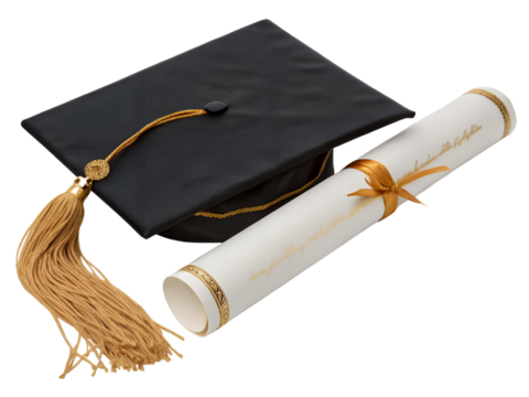 Graduation Cap and Diploma with Yellow Ribbon Isolate on transparent background cutout, PNG file, Cutout file - Powered by Adobe