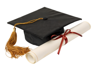 Graduation Cap and Diploma with Red Ribbon Isolate on transparent background cutout, PNG file, Cutout file