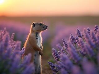 A prairie dog stands beside lavender flowers in a serene evening setting.