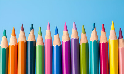 Row of sharpened colorful pencils against a light blue background