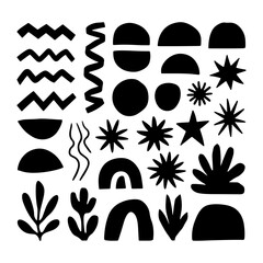 Boho Minimalist Element Nature Shapes. A minimalist black silhouette featuring organic shapes like waves, hills, plants, and rainbows in a boho style.