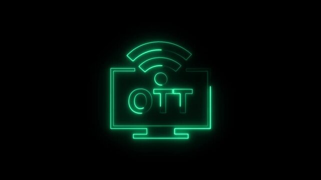 Glowing Neon OTT Media Icon Isolated on Black Background with HD Video Motion Graphic Animation.