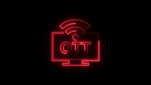 Glowing Neon OTT Media Icon Isolated on Black Background with HD Video Motion Graphic Animation.