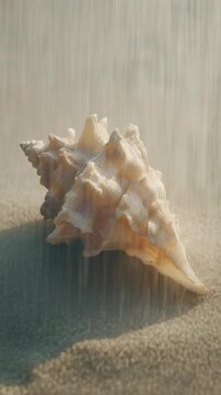 Close-up of a textured seashell with intricate patterns resting on fine sand surface illuminated by soft light.