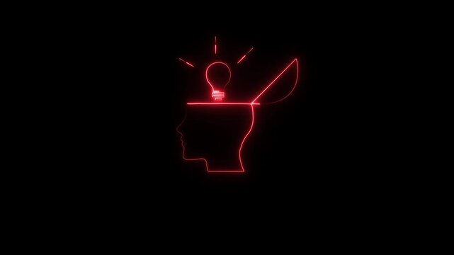 Glowing Neon Open Mind Icon Isolated on Black Background. HD Video Graphic Animation.