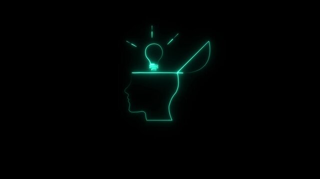 Glowing Neon Open Mind Icon Isolated on Black Background. HD Video Graphic Animation.