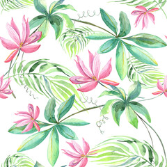 Tropical animals floral seamless pattern, leopard, exotic blue, pink flowers, palm leaves. Digital paper. Vintage. Abstract. Hand painted watercolor stock illustration.