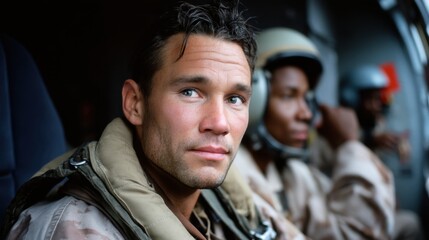 Close-up of Proud Male Pilot in Flight Suit with Crew Members Inside Aircraft Cockpit