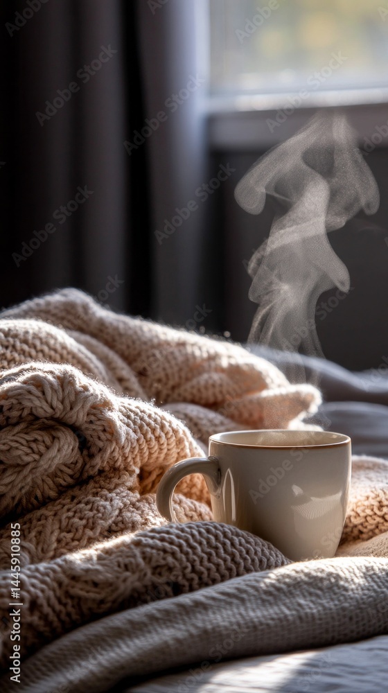 Poster Cozy knit textures envelop a steaming cup resting on soft blankets, creating a tranquil atmosphere perfect for enjoying a quiet morning at home with comfort and warmth