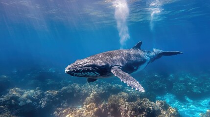Fototapeta premium Humpback Whale Swimming Underwater With Coral Reef On Background. Marine Life In The Ocean.