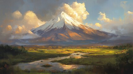 Fototapeta premium Majestic snow-capped mountain overlooking a tranquil valley.