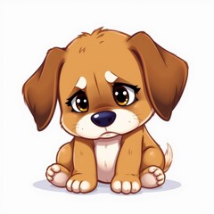 Fototapeta premium 2D style, full-body sad puppy slumped down on the ground, crisp white background