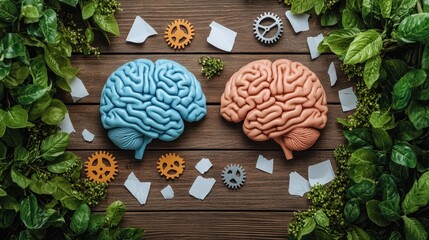 Two brains, surrounded by nature, gears, and paper