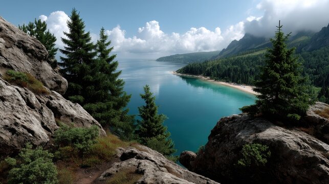 Scenic view of a mountain lake with lush green pine trees and rocky ledge under a partly cloudy sky