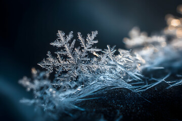 Close-up shows a detailed, frozen snowflake with intricate crystalline structure on a dark surface with soft light