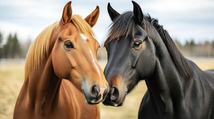 Fototapeta premium Two horses, close, in a field