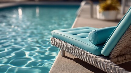 A vibrant turquoise chaise lounge rests comfortably beside a shimmering pool, its plush fabric inviting you to relax