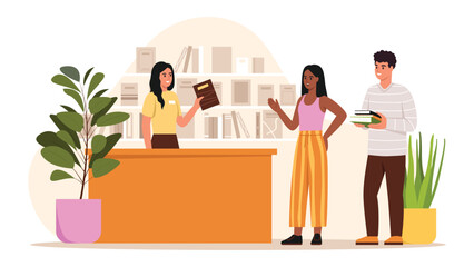 Vector illustration of library. Cartoon scene of light-skinned boy, dark-skinned girl taking books in library, librarian standing at table, shelves with books, flowerpots isolated on white background.