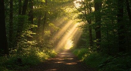 Obraz premium Sunbeams Illuminating Forest Path A Magical Nature Photography