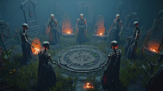 A dark garden Halloween ritual scene, skeletons robes circle, glowing red eyes, sudden head turns, burning ritual circle igniting, atmospheric fog, horror movie lighting, demonic ambience 4k