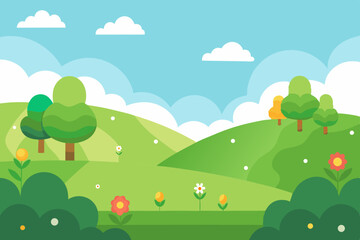 Fototapeta premium Green Grass Park Landscape with Flowers and Hills Vector