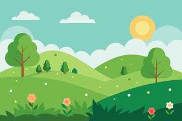 Obraz premium Green Grass Park Landscape with Flowers and Hills Vector