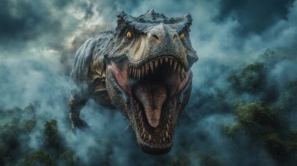 Tyrannosaurus Rex Roaring in Misty Jungle