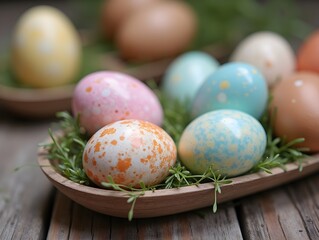 Easter eggs decorating ideas with natural dyed and speckled eggs on rustic wooden table