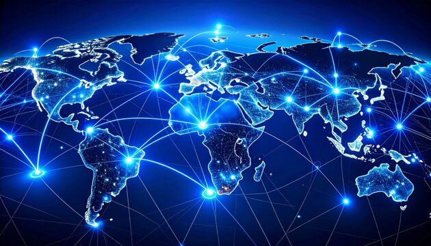 E-commerce online shopping global reach concept. Digital world map with network connections glowing in blue.