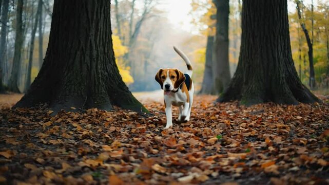 Beagle dog autumn forest walk