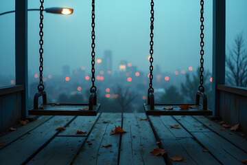 Lonely Empty Swings on Mossy Wooden Floor with Foggy Skyline View – Cinematic Urban Mood