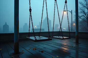 Abandoned Rooftop Playground with Rusty Metal Swings and Futuristic City Skyline at Dusk