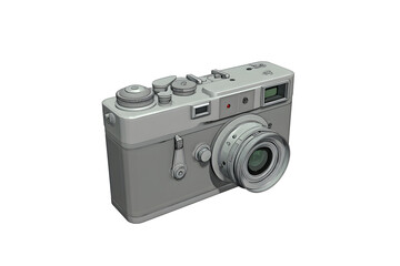 Retro camera with buttons, dial, and lens details. Silver and grey design transparent background