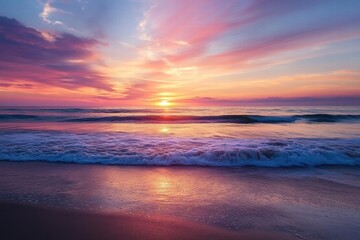 Glowing sunset over calm sea with pink and purple tones