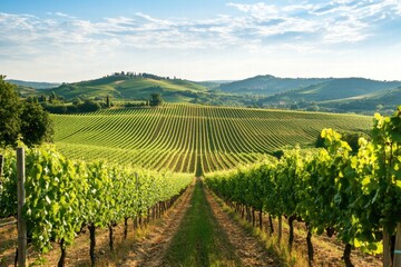 Naklejka premium Sunlit vineyard rows in green valley