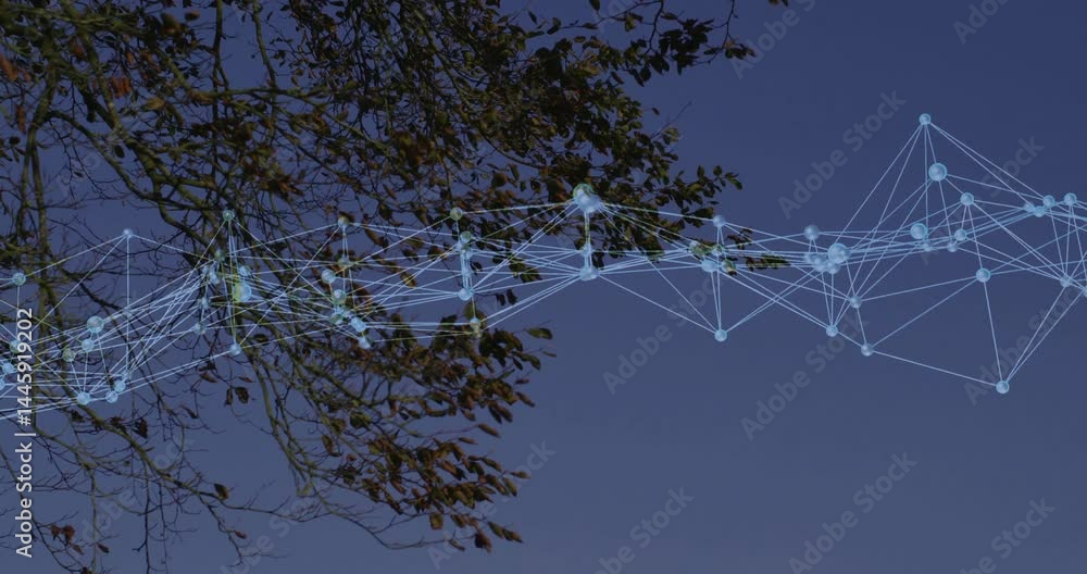 Poster abstract digital network overlaying blue sky, showing glowing nodes connecting tree branches
