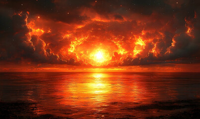 Fiery sunset over ocean
