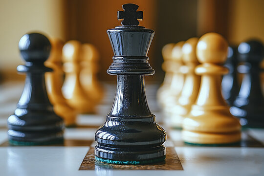 Black king chess piece dominating the board strategy game conceptual image
