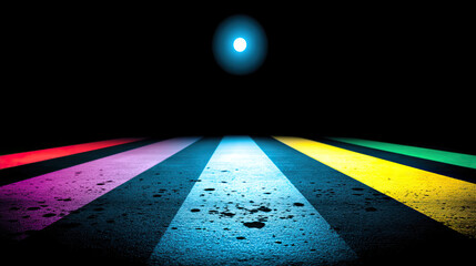 Colorful stripes on dark textured surface with bright light above creating vibrant contrast and depth