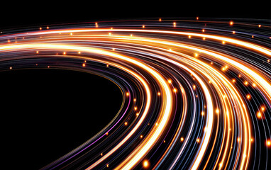 Glowing light trails curve dynamically with bright orange and white streaks on black background, creating energetic flow