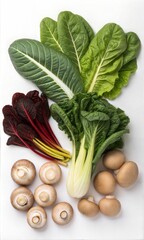 Fresh vegetables, including leafy greens and mushrooms, set against a white background.