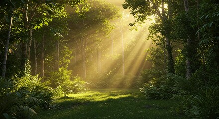 Obraz premium Sunbeams Illuminating Lush Rainforest Path Magical Forest Sunlight Photography
