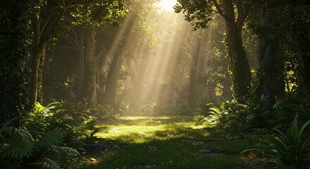 Obraz premium Sunbeams Illuminate Lush Tropical Rainforest, Tranquil Path Through Verdant Canopy, Serene Nature Scene