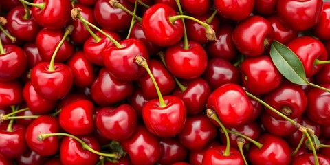 Overhead view of vibrant red cherries, glistening, tightly clustered, fruit, produce