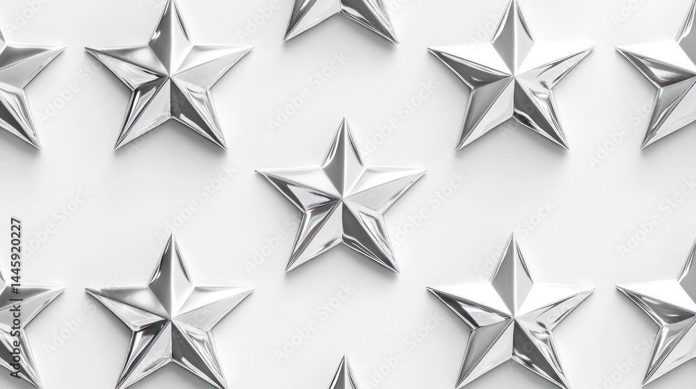 Poster silver stars arranged in a grid pattern on a white background. detailed and polished, they create a 
