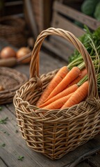 Obraz premium Close-up of Fresh Carrots in Wicker Basket 